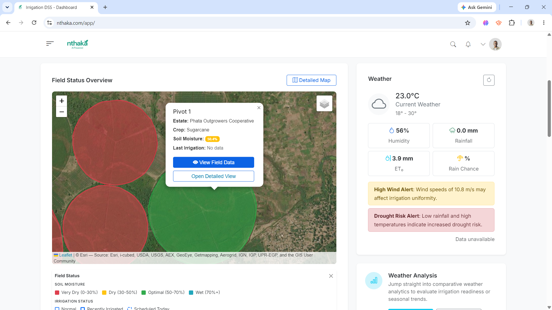 Field status dashboard showing crop health indicators